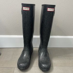 Hunter Black Cosmic Glitter Tall Boots Size 8, Excellent Condition